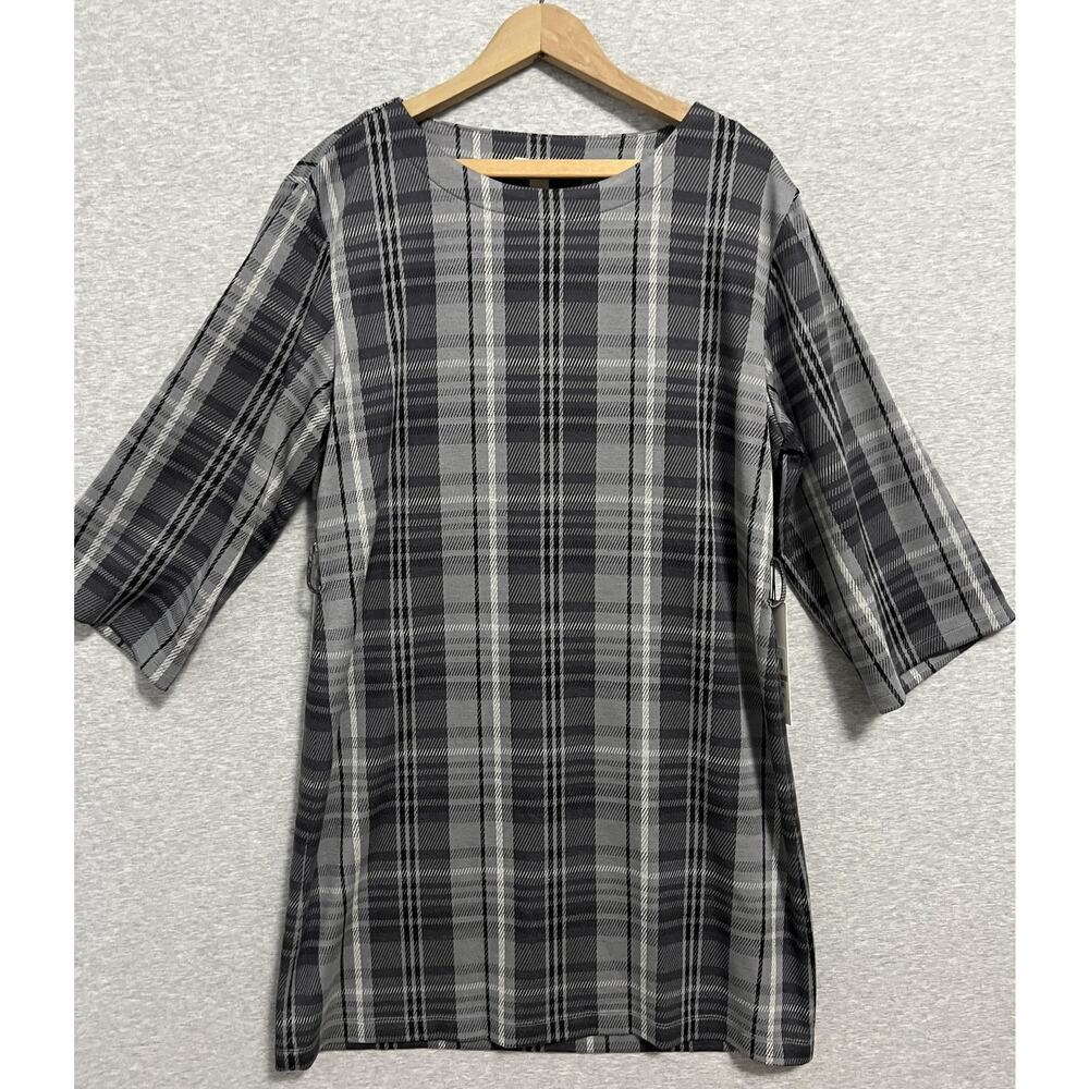 Calvin Klein Knit Dress Womens 12 Black Gray Plaid 3/4 Sleeve Pullover Dressy